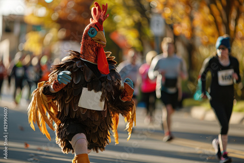 Character dressed as a turkey runs down the street with a marathon