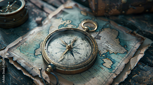Vintage compass on an old world map, evoking a sense of exploration and adventure. Perfect for travel and navigation themes.
