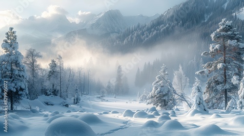 A serene winter landscape featuring a deep blanket of snow, pine trees, and fog-veiled mountains, capturing a magical and tranquil atmosphere