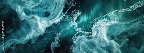 Capture the majestic dance of auroras swirling over icebergs in a harmonious blend of natural beauty and artistic abstraction, from a birds eye view using drones
