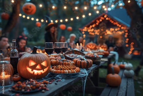 A spooky yet fun Halloween party with people dressed in creative costumes, carving pumpkins, and enjoying themed treats, lanterns, cobwebs, and spooky lights, setting, Halloween mood