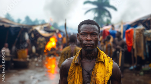 With a thoughtful expression, a man stands in a bustling African market with smoke and tents in the background