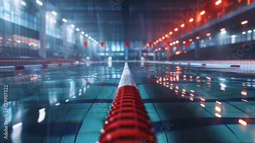 A swimming pool with red and white tiles, a long view of the starting line at one end of an olympic-sized competition swim track.