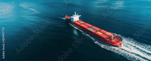 Drone captures tug boat towing empty barge at sea copy space image