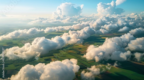 Aerial view of billowing clouds casting shadows over a patchwork landscape, creating a stunning natural tapestry.