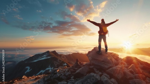 hiker standing triumphantly on mountain peak at sunset inspiring goals and achievements concept