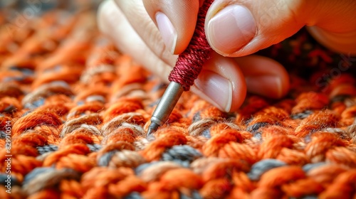 Close-up of a hand knitting with a crochet hook on vibrant orange and brown yarn layers, showcasing textile and handicraft skills.