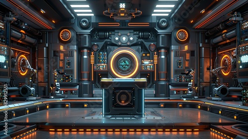 A stage featuring a podium with robotic arms, and a backdrop of rotating gears and machinery. Minimal and Simple style