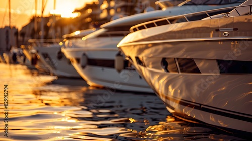 Luxury yachts in the harbor at sunset, forming an elegant line of boats. The setting sun casts warm hues over buildings in the background.