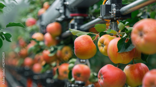 Advanced robotic harvesters picking ripe apples in a large orchard.