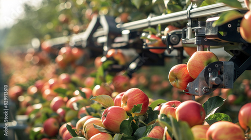 Advanced robotic harvesters picking ripe apples in a large orchard.