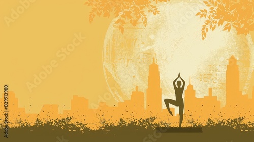watercolor illustration, vintage postcard, International day of yoga, beautiful young girl in the Vrikshasana pose against the background of the city, copy space, free space for text