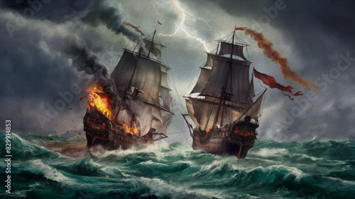 Sailing ships are fighting at sea among the rough waves, there is a fire on the ship, canvas painting