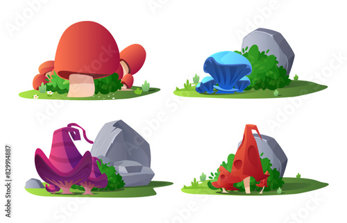 Set of huge magic mushrooms flat style, vector illustration