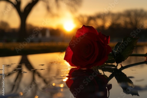 A single red rose adorning the Tomb of the Unknowns, capturing a silent tribute copy space, reflective honor, dynamic, silhouette against a dawn backdrop