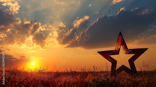 Memorial Day tribute the glow of a lone star copy space, patriotic reflection, vibrant, silhouette against a sunset backdrop