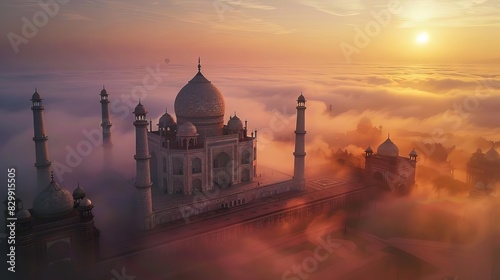 aerial perspective of the iconic taj mahal emerging from the morning fog at sunrise agra uttar pradesh india travel photography digital painting
