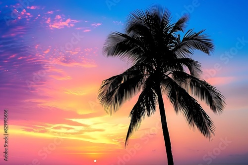 The silhouette of a palm tree against a sunset sky