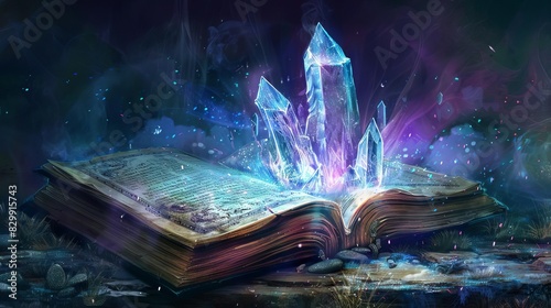 ancient magical book with glowing crystal radiating mystical energy digital painting