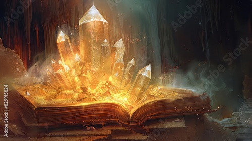 ancient magical book with glowing crystal radiating mystical energy digital painting
