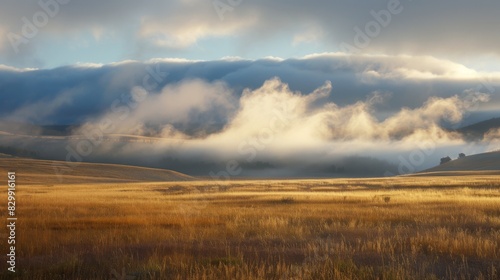 Low-lying stratus clouds blanketing the sky, creating a soft and diffuse light that gently illuminates the landscape