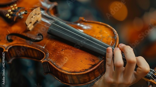 A musician's hands tuning a violin, adjusting the pegs to achieve the perfect pitch. Minimal and Simple style