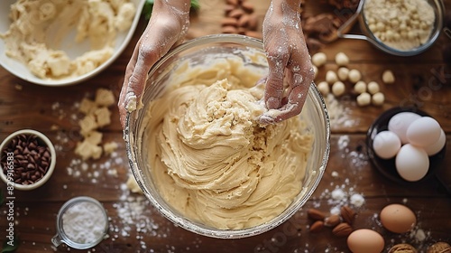 A baker's hands mixing batter in a bowl, combining ingredients to create a smooth mixture. Minimal and Simple style