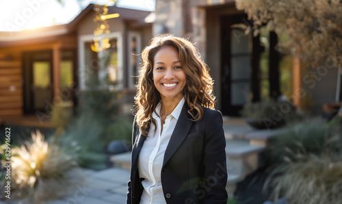 Confident smiling diverse mature businesswoman real estate agent business corporate portrait standing in front of modern home property for sale.