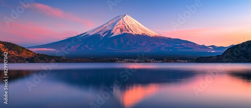 Mount Fuji at sunrise. Majestic peak rises above tranquil landscape, snow-capped summit glowing pink in early light. Peaceful lake reflects mountain's image, enhancing serenity, harmony.