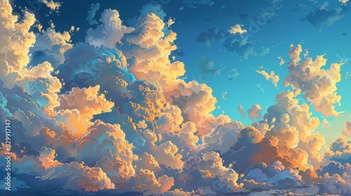 Puffy cumulus clouds dotting the sky like cotton balls, against a backdrop of deep blue and hints of orange at sunset.