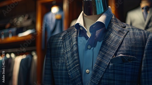 Dark navy blue suit on mannequin with helmet in tailoring room. Generative AI