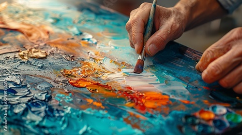 An artist's hands blending colors on a canvas, using fingers to create smooth transitions. Minimal and Simple style