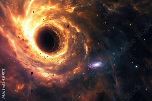 A black hole consuming a star, its event horizon depicted in a mesmerizing vortex of light