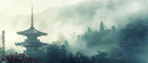 Misty Pagoda Serenity: Captivating scene featuring a traditional Japanese pagoda shrouded in mist. Elegant silhouette stands out against soft, diffused light, evoking mystery and tranquility.