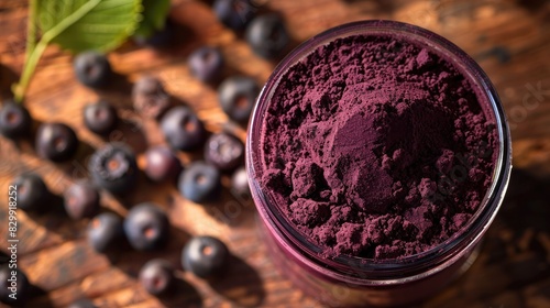 Dried acai berry powder superfood presented in a mason jar on a wooden surface