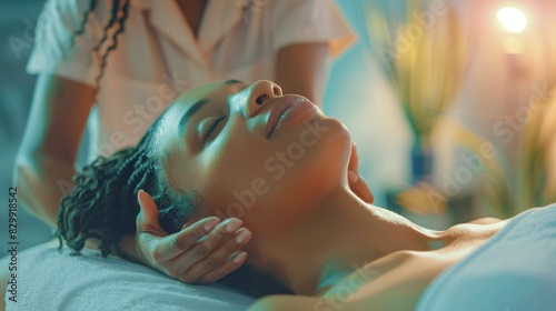 At spa for chakra therapy and holistic medicine, relax, reiki, and ebony woman on bed with eyes closed. Spiritual healing, harmony, zen, a healthy mind at traditional massage.