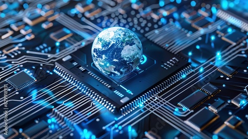 Futuristic computer chip with a globe on top. Globe surrounded by blue colored circuit boards for global communication, network connection and artificial intelligence concept