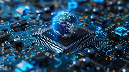 Futuristic computer chip with a globe on top. Globe surrounded by blue colored circuit boards for global communication, network connection and artificial intelligence concept