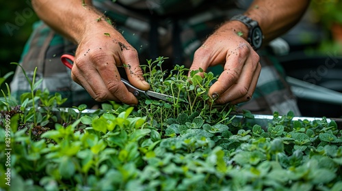 A gardener's hands harvesting fresh herbs, carefully cutting stems with scissors. Minimal and Simple style