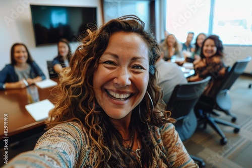 Team selfie, startup photo, business woman smiling for office growth. Leadership, profile photo, and willing to collaborate or promote vision development