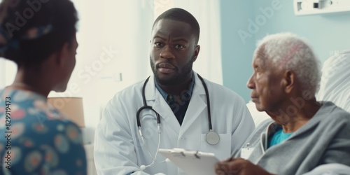 A hospital doctor, nurse, and patient discussed a diagnosis or therapy. Clipboard, consultation, and healthcare staff talking to a senior guy with checklist in clinic.