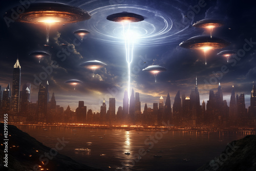 Alien invasion with huge extraterrestrial spaceships hovering over the city skyline. 