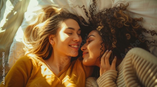 Happy lesbian couple bonding in bed. Smile, romance, and youthful biracial lgbtq ladies with tenderness in modern apartment or home bedroom.