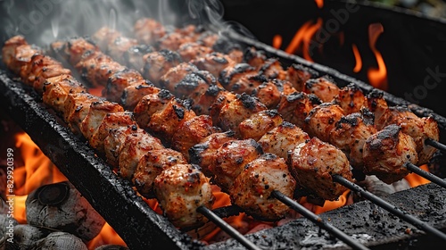 Appetizing fried meat on the grill Delicious and dish in the cooking process shish kebab on skewer Roasted beef meat cooked at barbecue Traditional Eid ul azha. 