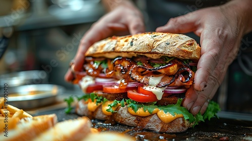 A chef's hands assembling a gourmet sandwich, layering ingredients with care. Minimal and Simple style