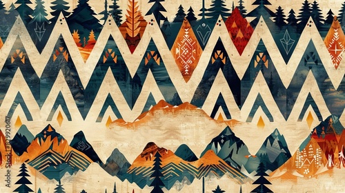 Mountain ikat, seamless tribal motifs inspired by mountain landscapes, earth tones