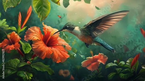 majestic hummingbird sipping nectar from exotic flower digital painting