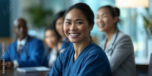 Woman, face, or nurse in hospital meeting for medical planning, life insurance, or treatment training. Happy, smiling healthcare worker in teamwork, collaboration, or clinic diversity pic