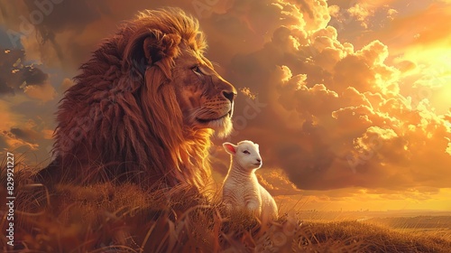 majestic lion and lamb in harmony vibrant sunset sky concept art digital painting