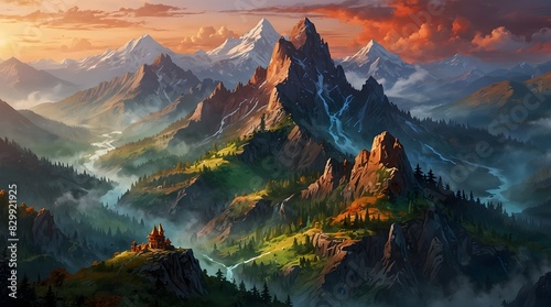 A fantasy world where each mountain is painted in vibrant hues, telling the story of its ancient guardians ai_generated